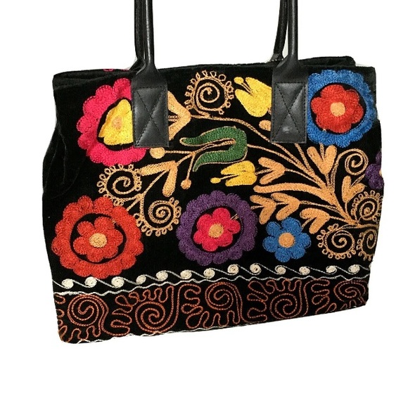 Galeri Cengiz Collections Embroidered Shoulder Hand Bag Velvet Leather M - Picture 4 of 8